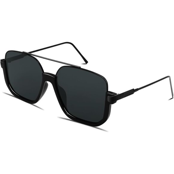 Unisex Black Frame - Black Lens Oversized Aviator Sunglasses for Square